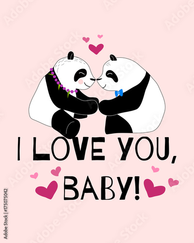 Fototapeta Naklejka Na Ścianę i Meble -  Cute and romantic pandas sit together card. Doodle hand drawn style.
