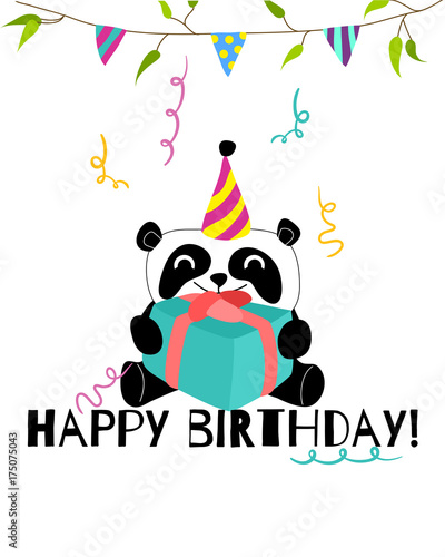 Fototapeta Naklejka Na Ścianę i Meble -  Cute and funny panda celebrates birthday card. Doodle hand drawn style.