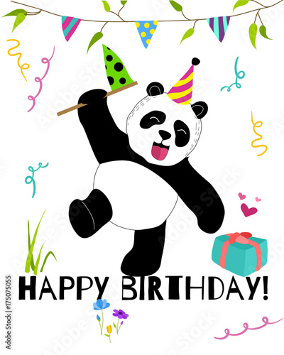 Fototapeta Naklejka Na Ścianę i Meble -  Cute and funny panda celebrates birthday card. Doodle hand drawn style.
