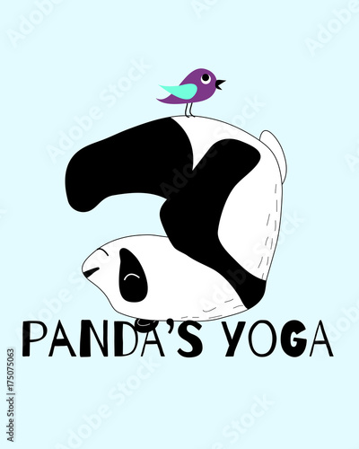 Fototapeta Naklejka Na Ścianę i Meble -  Cute and funny panda is doing yoga card. Doodle hand drawn style.