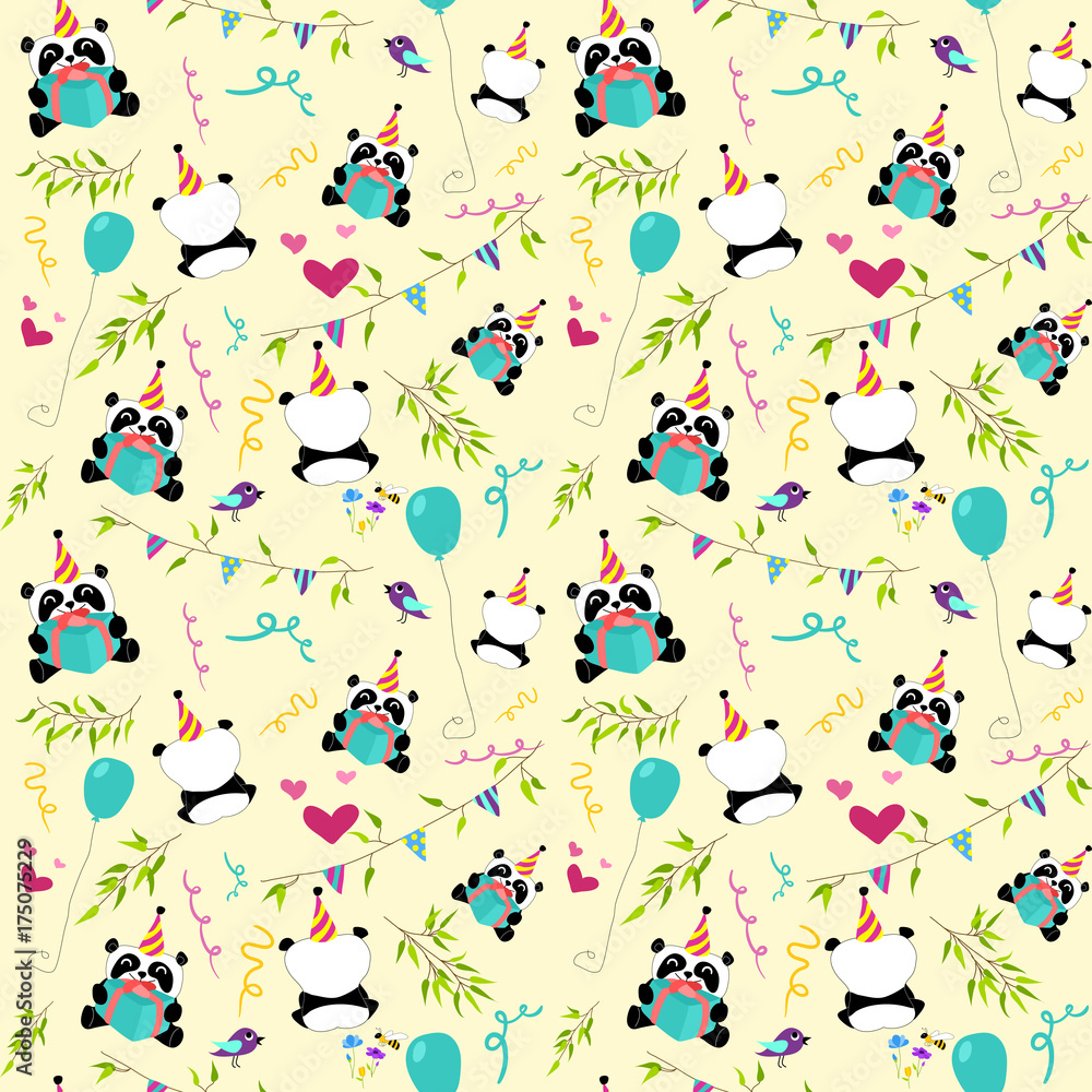 Cute panda celebrates Birthday. Light yellow background. Seamless pattern. Cute panda celebrates Birthday. Light yellow background. Seamless pattern.