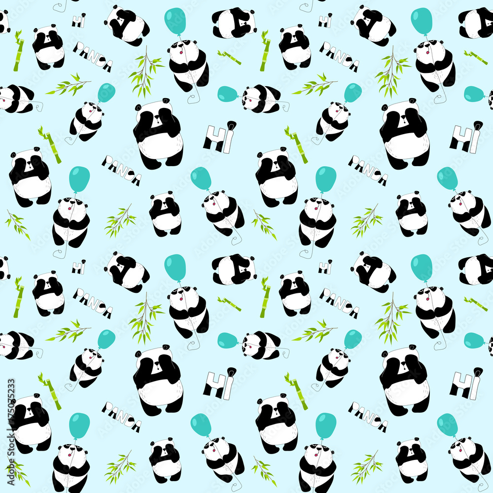 Cute pandas with baloon and bamboo on the blue background. Seamless pattern. Cute pandas with baloon and bamboo on the blue background. Seamless pattern.