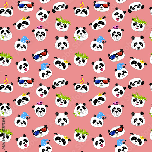Fototapeta Naklejka Na Ścianę i Meble -  Cute and funny heads of pandas. Pink background.
