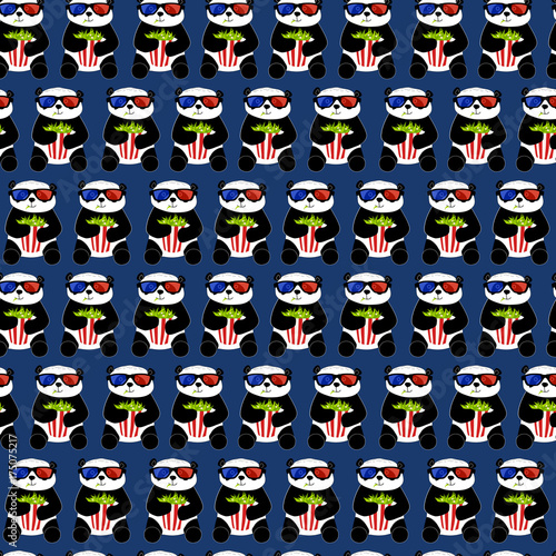 Fototapeta Naklejka Na Ścianę i Meble -  Cute panda watches cinema with 3d glasses and popcorn. Dark blue background. Seamless pattern.