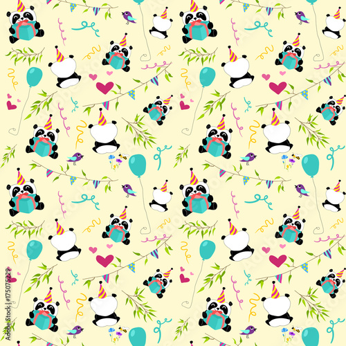 Fototapeta Naklejka Na Ścianę i Meble -  Cute panda celebrates Birthday. Light yellow background. Seamless pattern.