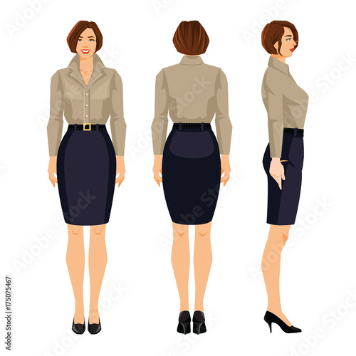 Vector illustration of woman in formal blue skirt, beige blouse and shoes on high heel on white background. Various turns woman's figure. Front view and back view.