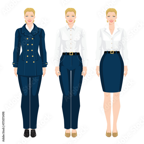 Vector illustration of woman in formal blue skirt, white blouse and shoes on hight heel on white background. 
