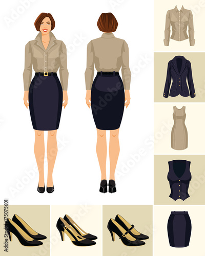 Vector illustration of woman in formal blue skirt, beige blouse and shoes on high heel on white background. Various turns woman's figure. Front view and back view. Formal clothes and shoes