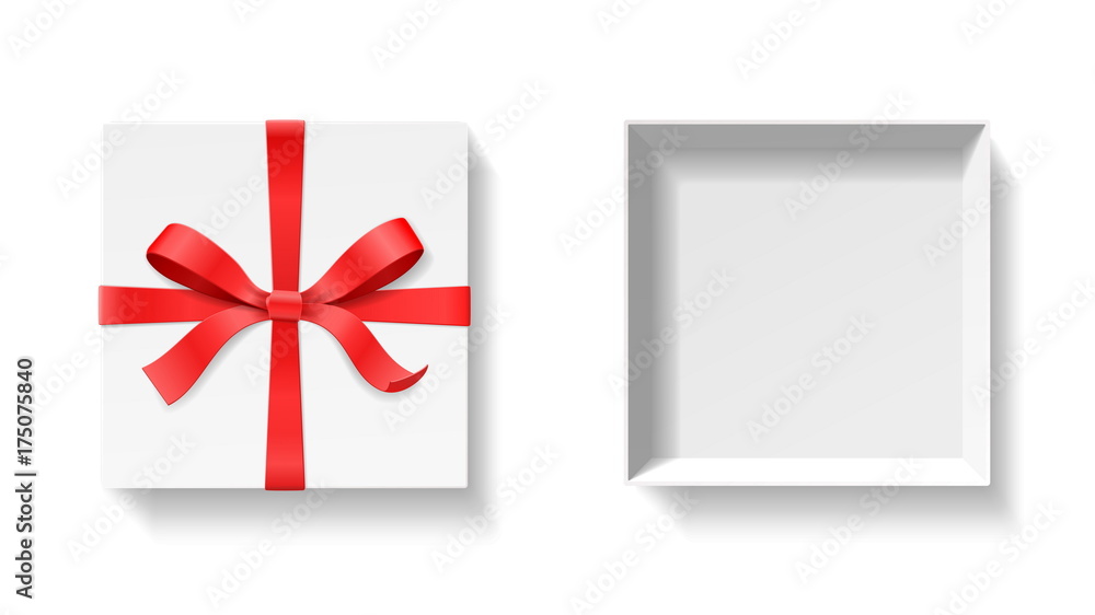 Vecteur Stock Empty open gift box with red color bow knot, ribbon isolated  on white background. Happy birthday, Christmas, New Year, Wedding or  Valentine Day package concept. Closeup Vector illustration 3d top