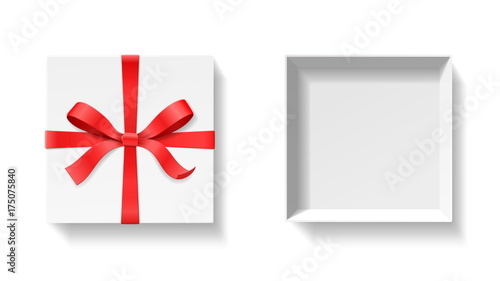 Empty open gift box with red color bow knot, ribbon isolated on white background. Happy birthday, Christmas, New Year, Wedding or Valentine Day package concept. Closeup Vector illustration 3d top view