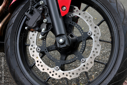 Disc brakes of a motorcycle.