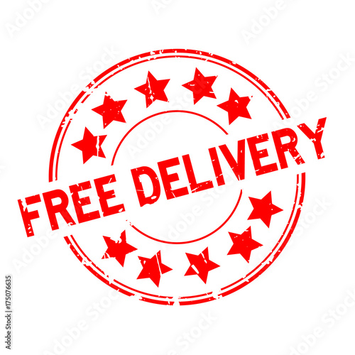 Grunge red free delivery with star icon round rubber seal stamp on white background
