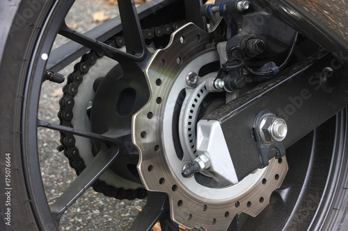 Disc brakes of a motorcycle.