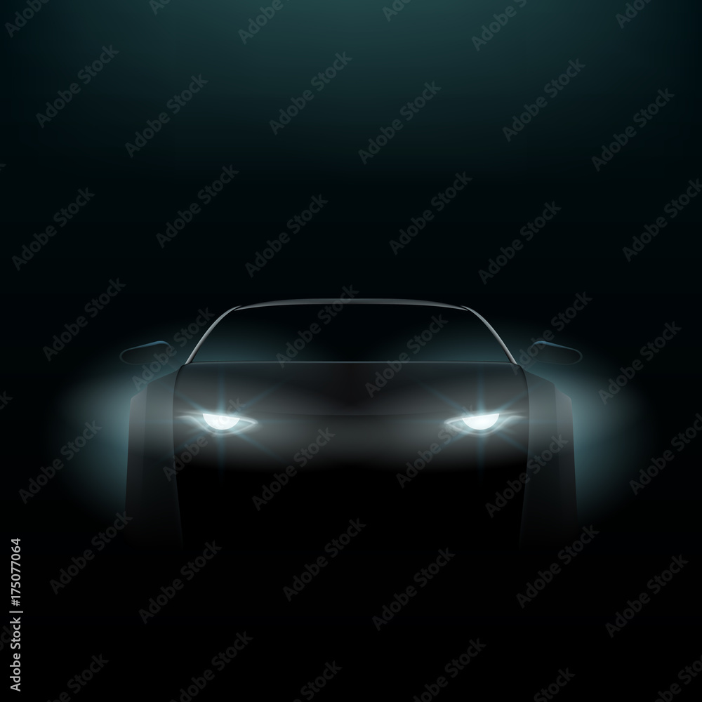 Realistic Car In The Dark. Front View - obrazy, fototapety, plakaty 