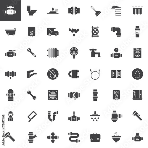 Plumbing vector icons set, modern solid symbol collection, filled pictogram pack. Signs, logo illustration. Set includes icons as valve, toilet, plumber, pipes, bathtub, wrench, washer machine