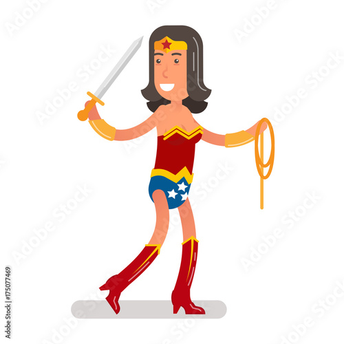 Smiling circus performer woman walking with a sword and a rope in hands