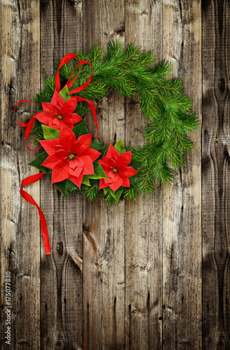 Christmas wreath from pine twigs and ponsettia flowers photo