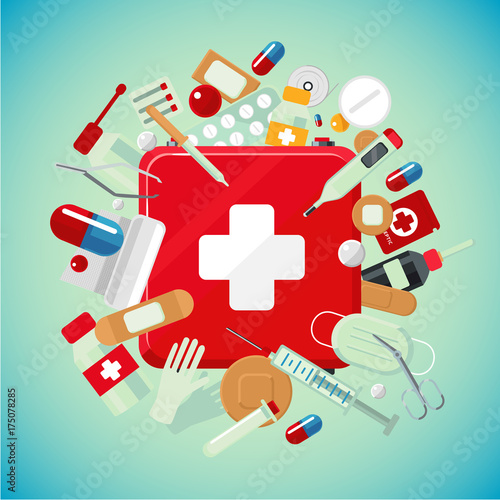 Medical equipment and drugs. Medicine banner with first aid kit.