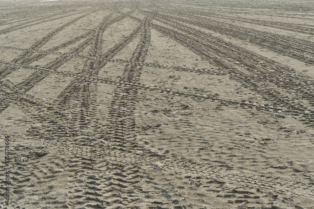 Naklejka premium tire tracks on the sand of the beach 