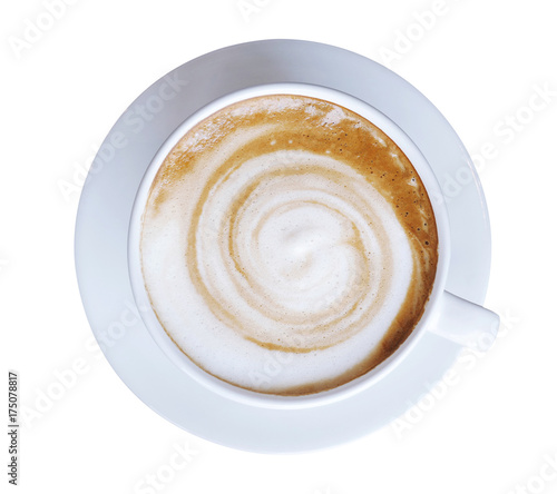 Top view of hot coffee latte cappuccino cup with spiral milk foam isolated on white background, clipping path included.