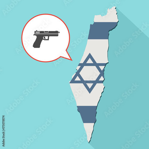 Animation of a long shadow Israel map with its flag and a comic balloon with a gun