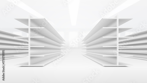 3D Supermarket Aisle With White Blank Empty Shelves