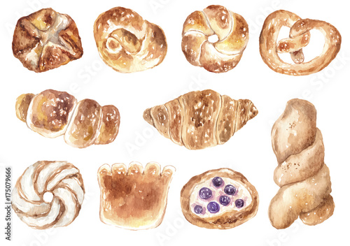 Baked goods. Hand drawn  vector watercolor illustration.