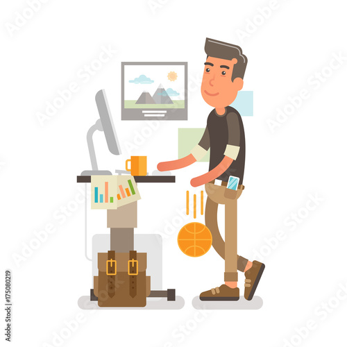 Generation Y, Millennial at office work.
Worker at the office standing behind a standing desk and dribbling ball while working.