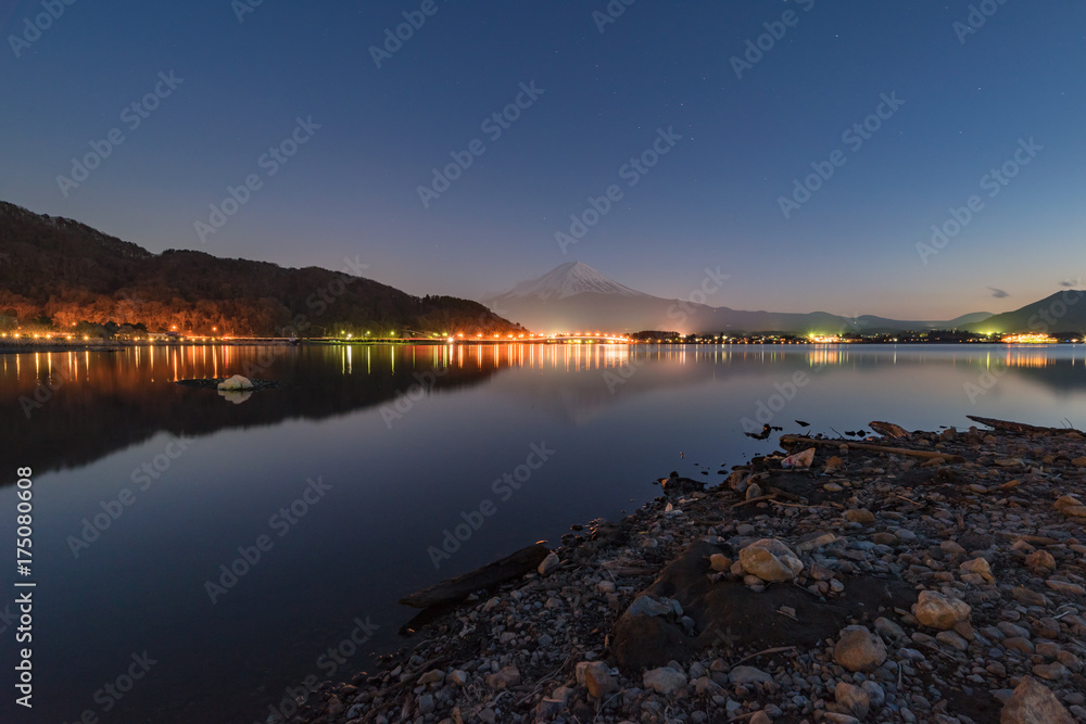 Lake Kawagushi at night and mount fuji background Lake Kawagushi at night and mount fuji background