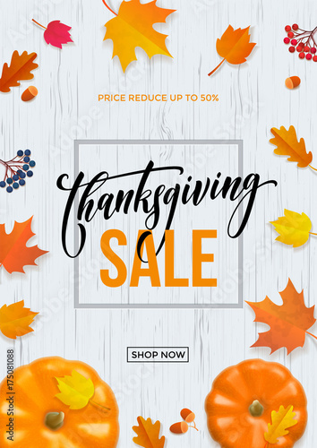 Thanksgiving sale web banner or Big seasonal promo offer discount poster for autumnal shopping background template. Vector pumpkin harvest maple, oak leaf or rowan berry for Thanksgiving sale design