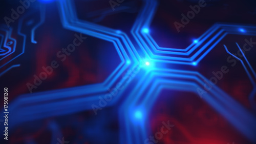 Blue neon Energy lights. Technology Terminal Background. Digital red blue backdrop. Printed circuit board. Technology wallpaper. 3D illustration. Circuit board futuristic server code processing.