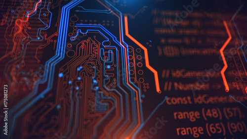Technology Terminal Background. Orange, yellow, blue, background with digital integrated network technology. Printed circuit board. Circuit board futuristic server code processing. PCB, Code, HTML.