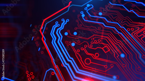 Blue, red background with digital integrated network technology. Printed circuit board. Technology background. 3D illustration.	
