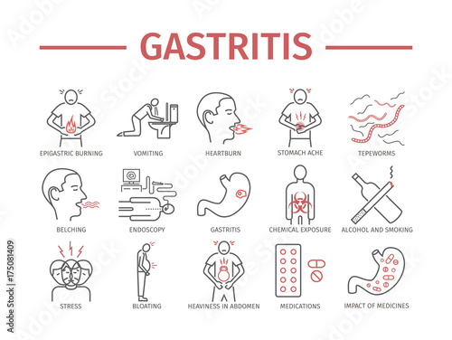 Gastritis. Heartburn, Symptoms, Treatment. Line icons set. Vector signs for web graphics.