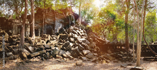 Beng Melea Temple in Angkor Complex, Siem Reap, Cambodia. It has been left largely unrestored, with trees growing among the ruins. The rays of the sun make their way through thick tropical jungle photo