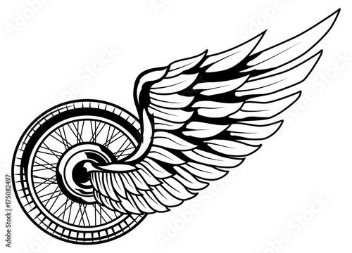 Monochrome illustration of motorcycle wheel and wing isolated on white background