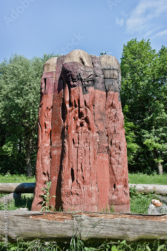 Wooden idol of the Slavic god Perun in Kiev, Ukraine photo