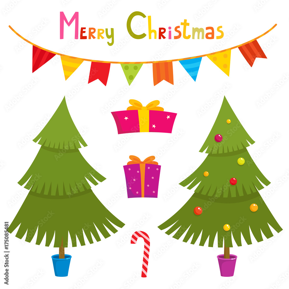 Naklejka premium Set of cute little Christmas elements - christmas tree, gifts, candy, garland.