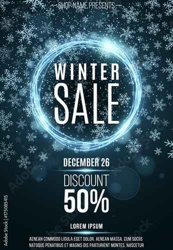 Advertising festive poster for the winter sale. Blue shining banner of luminous twisted lines. Great discounts. Christmas snow. Glare bokeh. Vector