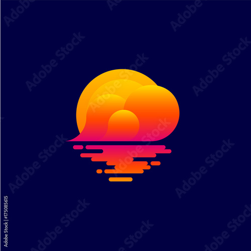 Logo sunset. Tourism icon. Spa emblem. Clouds, sea and sun. Abstract cloud landscape and reflection