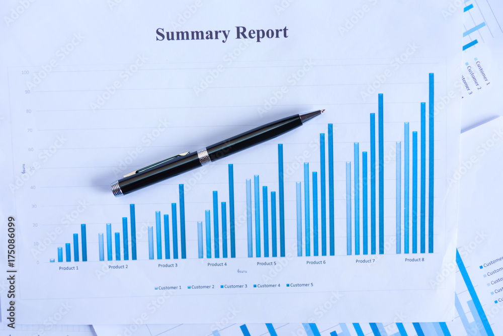 Accounting data, charts and magnifying glass. Many charts and graphs. Reflection light and flare. Accounting data, charts and magnifying glass. Many charts and graphs. Reflection light and flare.
