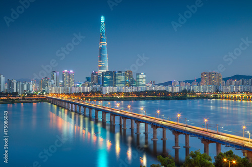 Seoul. Cityscape image of Seoul and Han River during twilight blue hour.