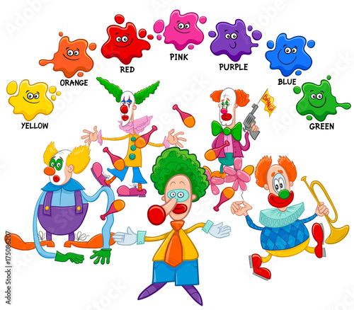 basic colors educational page with clowns