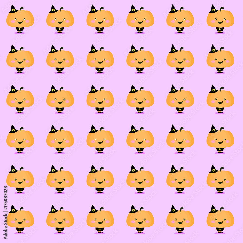 Fototapeta premium Halloween illustration of a cute kawaii pumpkin in a witch costume for Halloween. The background is purple with some clouds, stars and a Moon. Childish design for the whole family. Trick or treat?