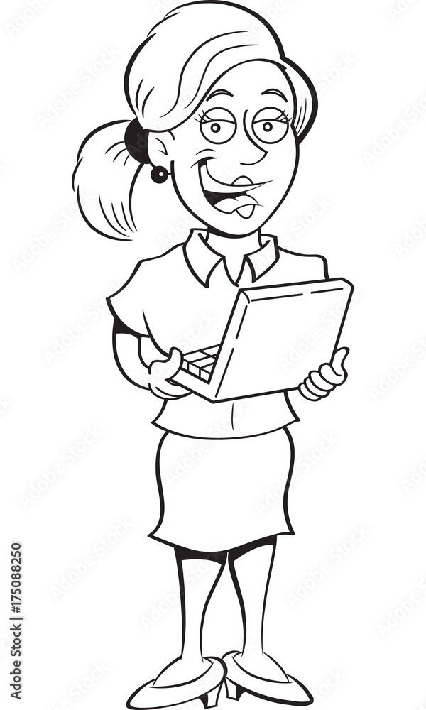 Black and white illustration of a woman holding a laptop computer. Black and white illustration of a woman holding a laptop computer.