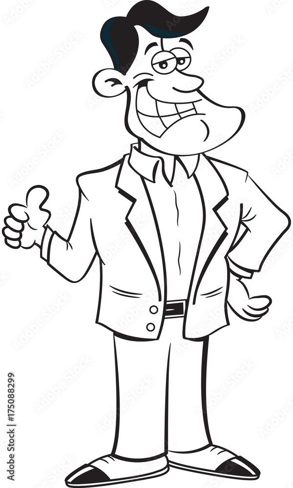 Black and white illustration of a smiling man giving thumbs up.