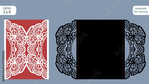 Laser cut wedding invitation card template vector. Die cut paper card with abstract pattern. Cutout paper gate fold card for laser cutting or die cutting template. Vector.
