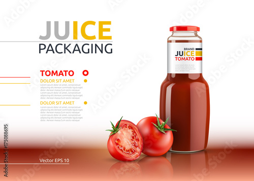Tomato juice packaging realistic Vector mock up. Italian tomato sauce, seasoning or ketchup bottle advertise templates