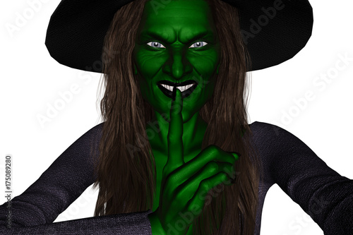 Fotografia, Obraz 3d illustration of green witch making silence gesture,Halloween concept and idea