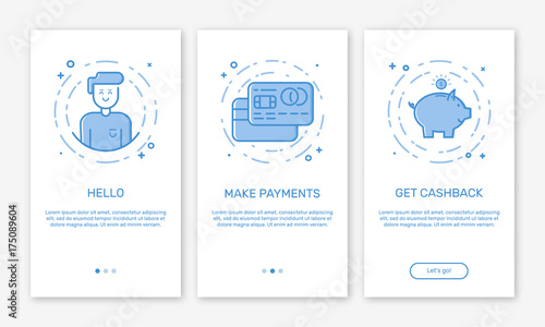 Vector Illustration of onboarding app screens and web concept with welcome, credit cards, money box screen in line style